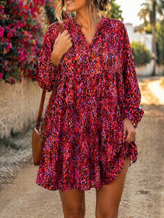 ICHI Dresses & Skirts - NWT ICHI Darma Pink Red Abstract Print Oversized Swing Dress Long Sleeve Boho